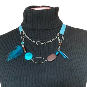 3x35$ 🐿 🍁 CREATION -Short necklace double layers with ribbon attach Aqua brown